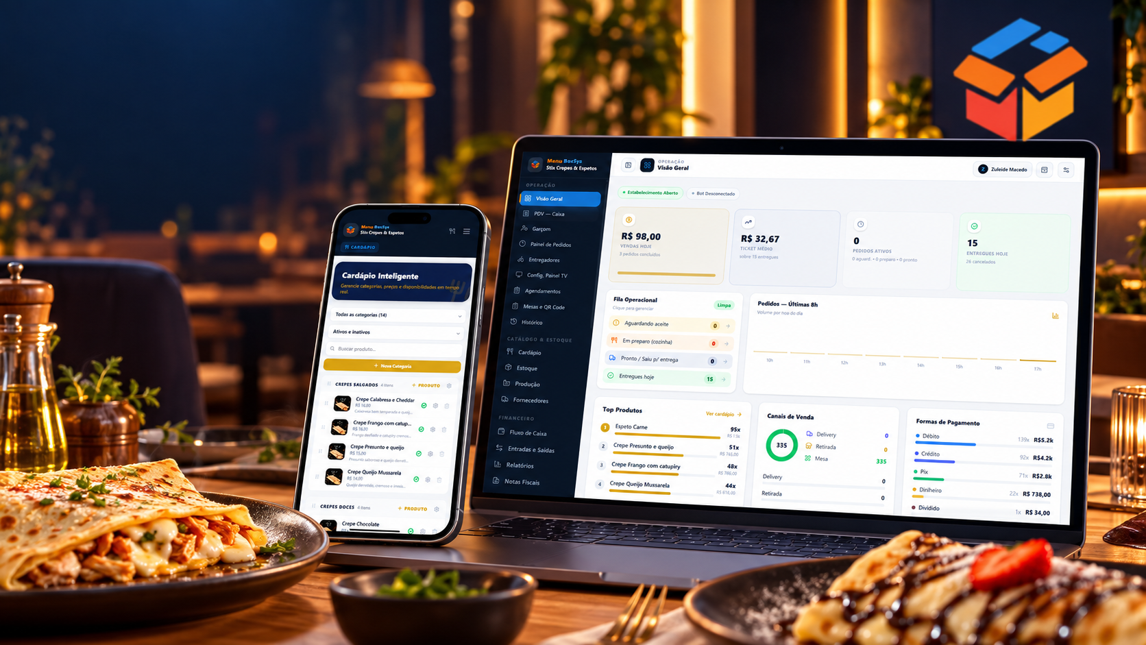 Ilustração de telas de cardápio e gestão de pedidos do Menu BoxSys